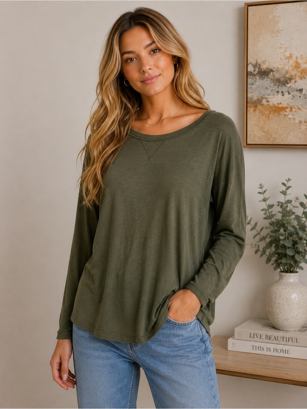 Gap Favorite Long Sleeve Tee – Olive Green Relaxed Top | Size XXL